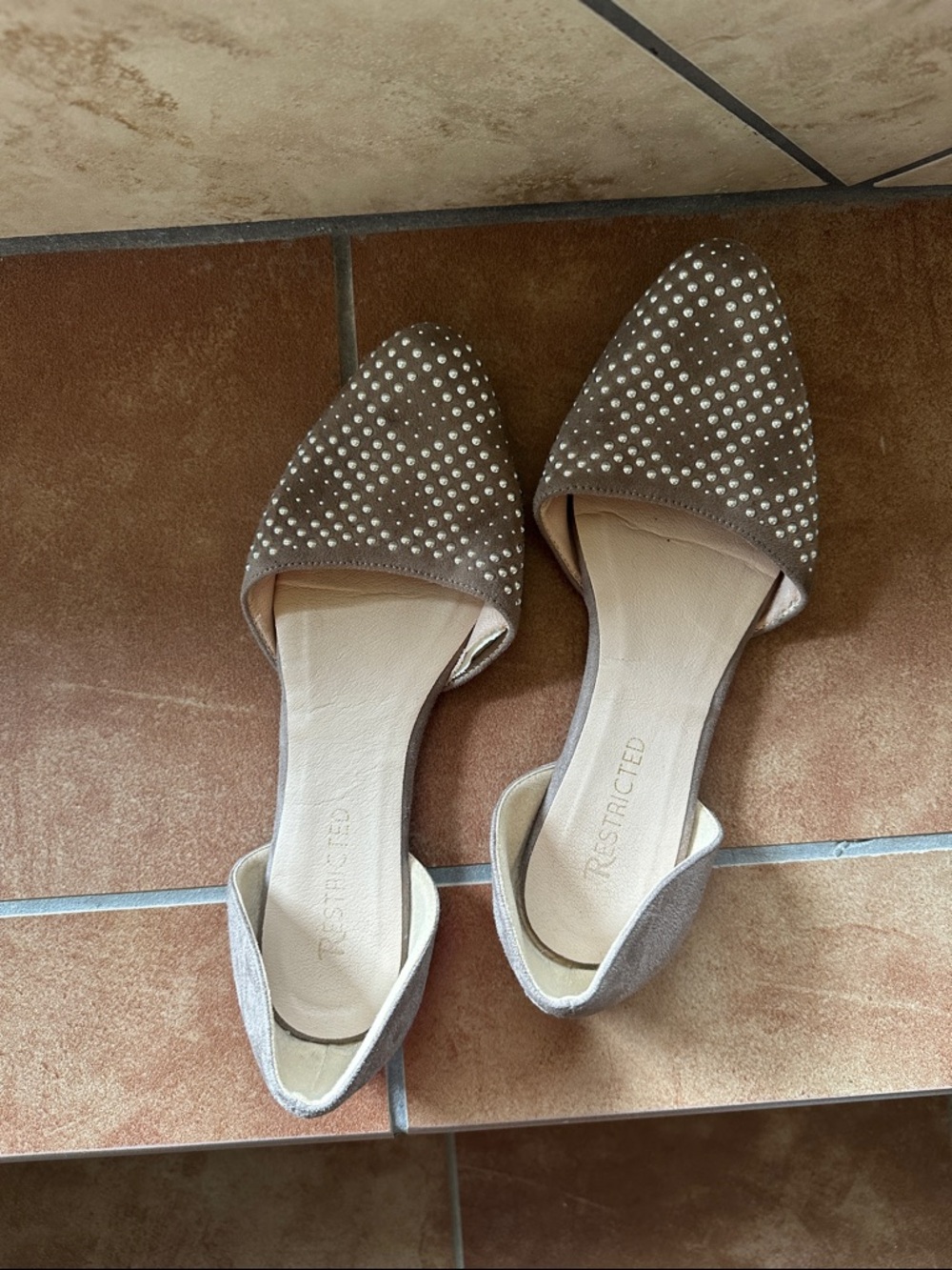 Restricted Taupe Studded Pointed D'Orsay Flats